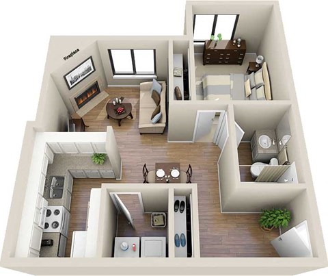Floor plan for 1 bed, 1 bath, 640 sqft